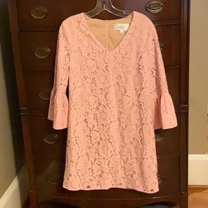 Julie Brown Pastel Pink Lace Overlay Bell Sleeve Sheath Dress size Small
